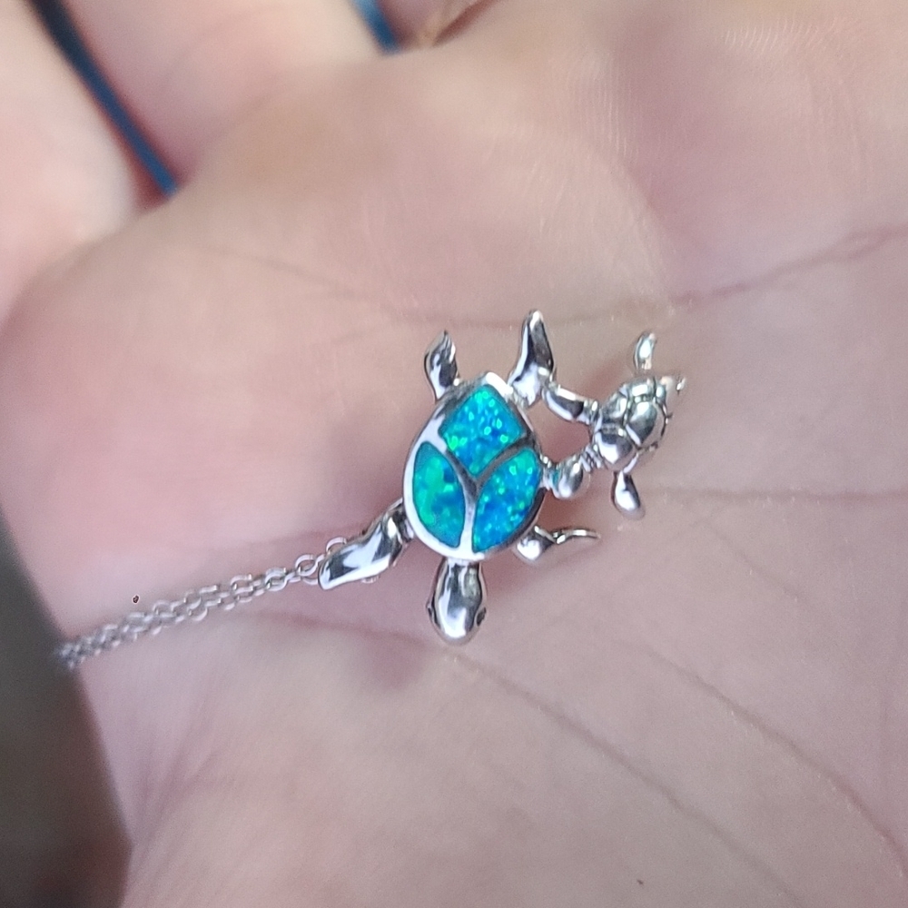 Sterling Silver Turtle Necklace | Opal | Mom and hatchling - Picture 7 of 7